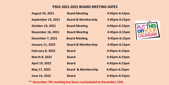 PSEA 2021 - 2022 Board Meeting Dates
